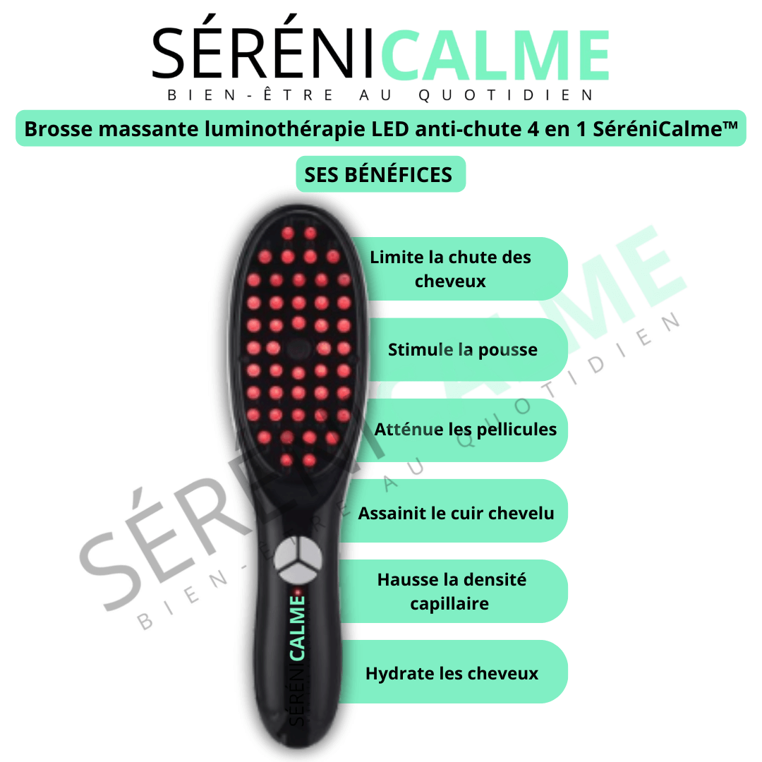 Brosse massante luminothérapie LED anti-chute 4 en 1 SéréniCalme™